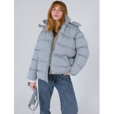Gray short winter down jacket with a hood