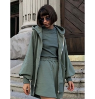 Olive three-piece suit, hoodie, shorts, top