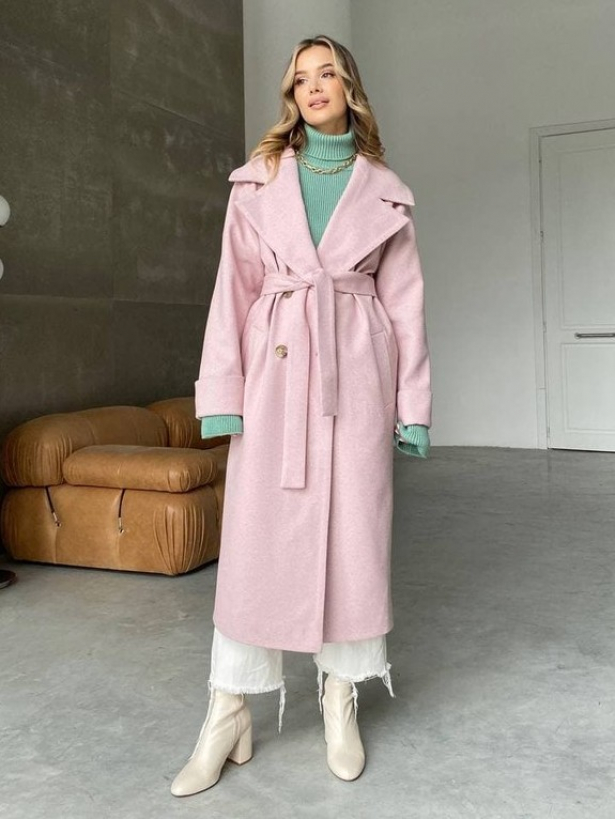 Шерстяное зимнее розовое пальто миди