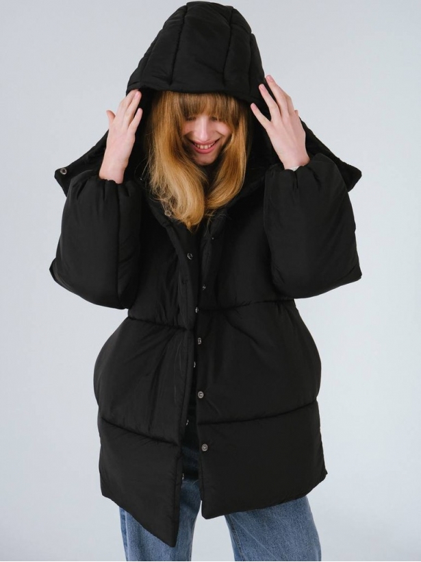 Black winter down jacket with a hood