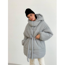 Gray winter down jacket with a hood