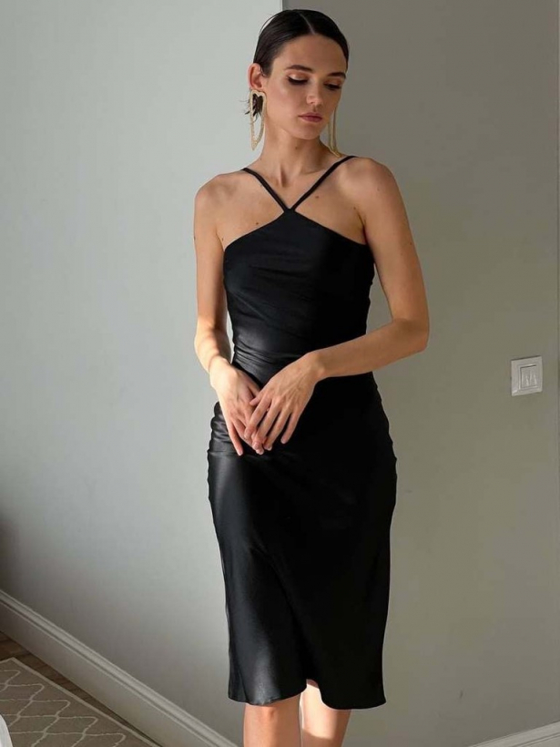 Чорна шовкова сукня комбінація халтер