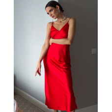 Красное шелковое платье комбинация миди