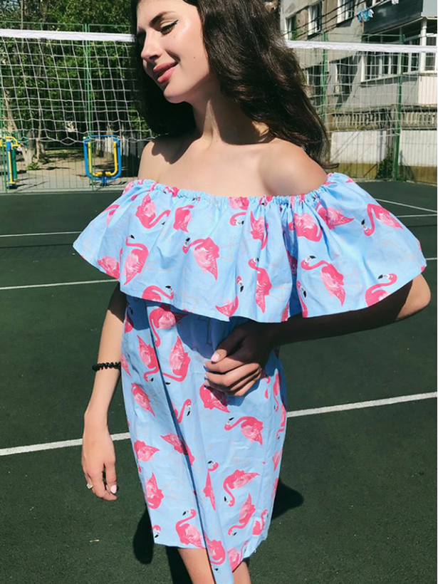 Blue cotton flamingo print dress with a frill