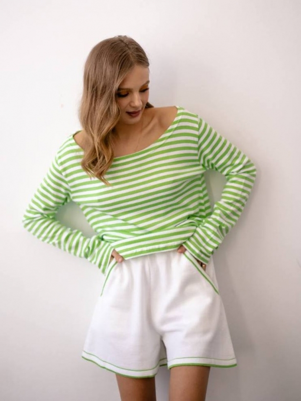 Knitted cotton stripes shorts suit 