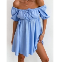 Blue summer short linen dress