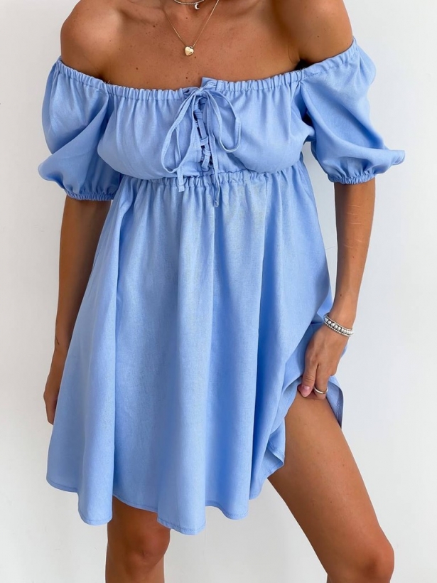 Блакитна літня коротка сукня з льону