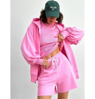 Pink three-piece suit, hoodie, shorts, top