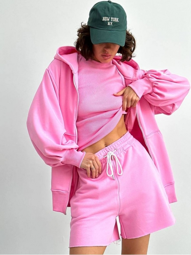 Pink three-piece suit, hoodie, shorts, top