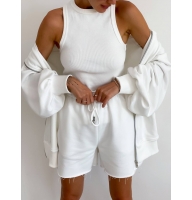 White three-piece suit, hoodie, shorts, top