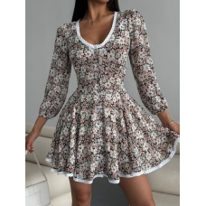 Flower print mini dress with lace