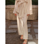Лляний брючний костюм кімоно бежевий