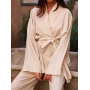 Лляний брючний костюм кімоно бежевий