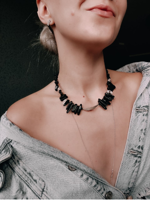 Чорне кольє Лист: агат, обсидіан, раухтопаз, кришталь