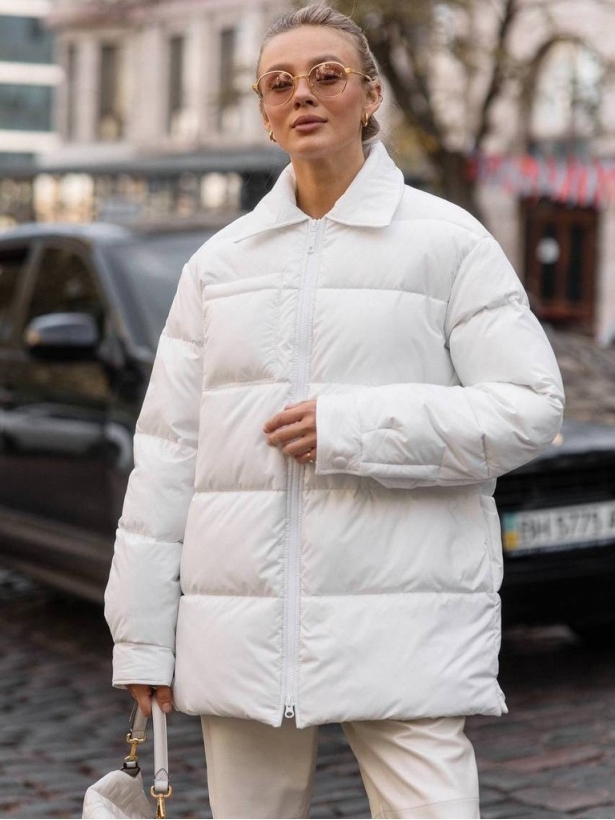 White masculine cut women's dowm jacket