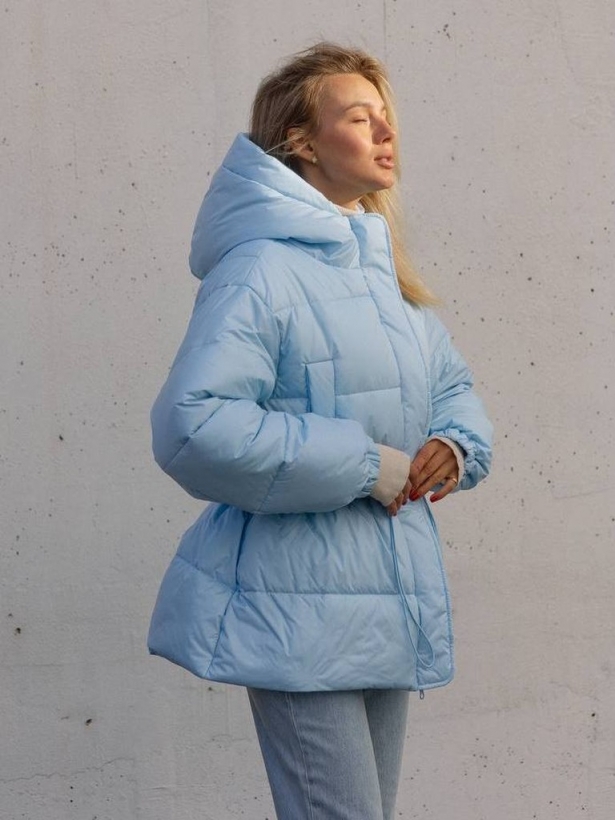 Winter blue down jacket with a drawstring at the waist