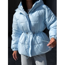 Winter blue down jacket with a drawstring at the waist