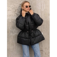 Winter black down jacket with drawstring at the waist