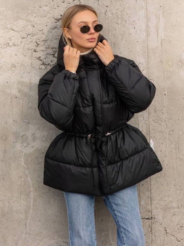 Winter black down jacket with drawstring at the waist