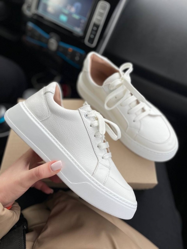 White genuine leather thick sole sneakers