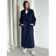 Blue straight-cut long woolen coat