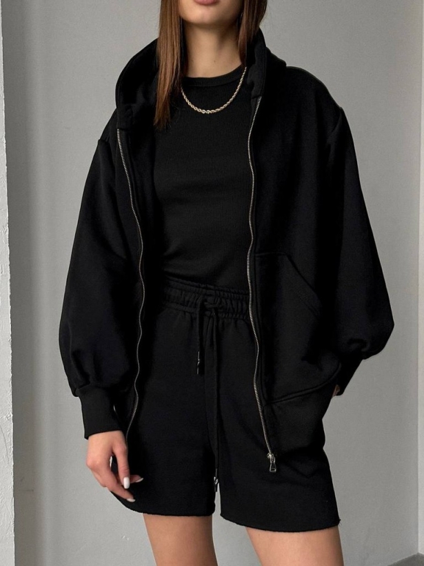 Black three-piece suit, hoodie, shorts, halter top