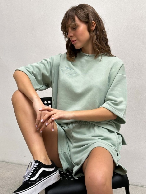 Mint cotton shorts suit with embroidered t-shirt