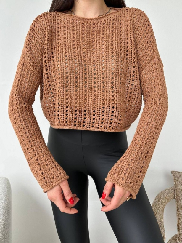 Openwork cotton knitted top with long sleeves
