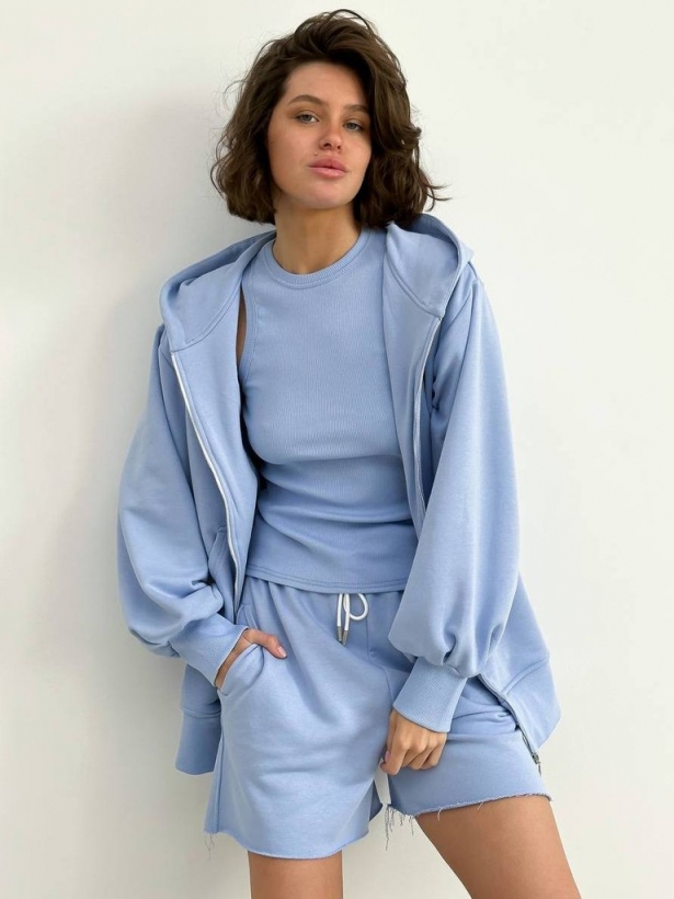 Blue three-piece shorts suit with hoodie and tank top