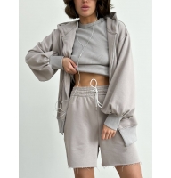 Gray three-piece shorts suit with hoodie and tank top