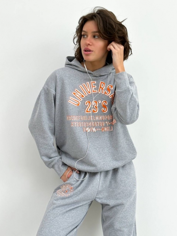 Gray cotton printed hoodie tracksuit