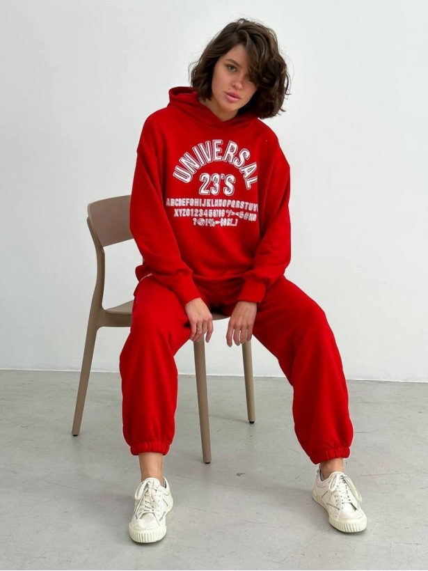 Red cotton printed hoodie tracksuit