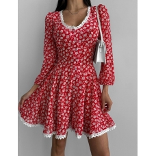 Червона міні сукня в квіточку з мереживним кантом
