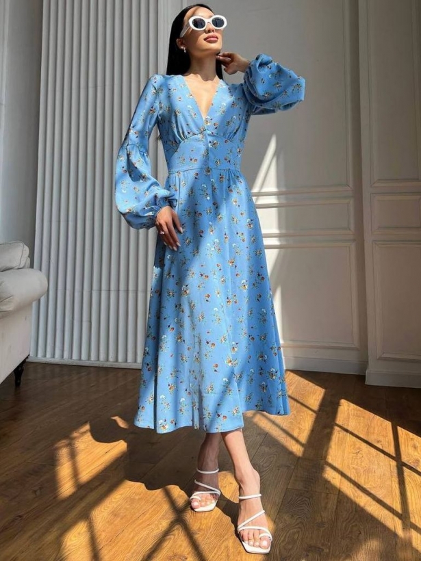 Blue floral print cotton midi dress 