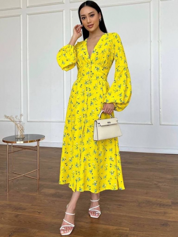 Yellow floral print cotton midi dress