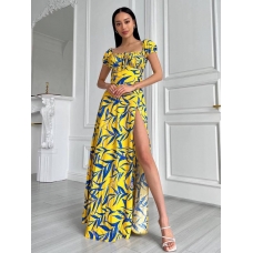 Long cotton yellow-blue cut out dress