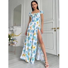 Cotton yellow blue flowers slit long dress