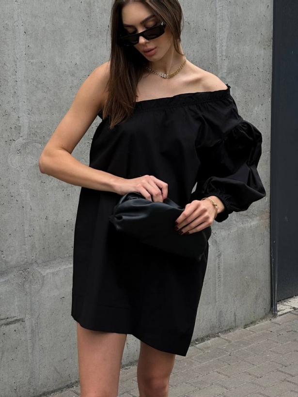 Black cotton one sleeve mini dress