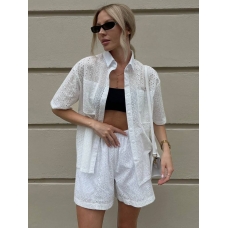 White embroidered cotton shirt and shorts suit