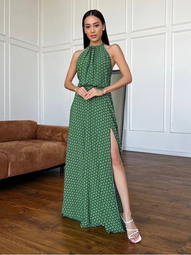 Green printed open back long dress