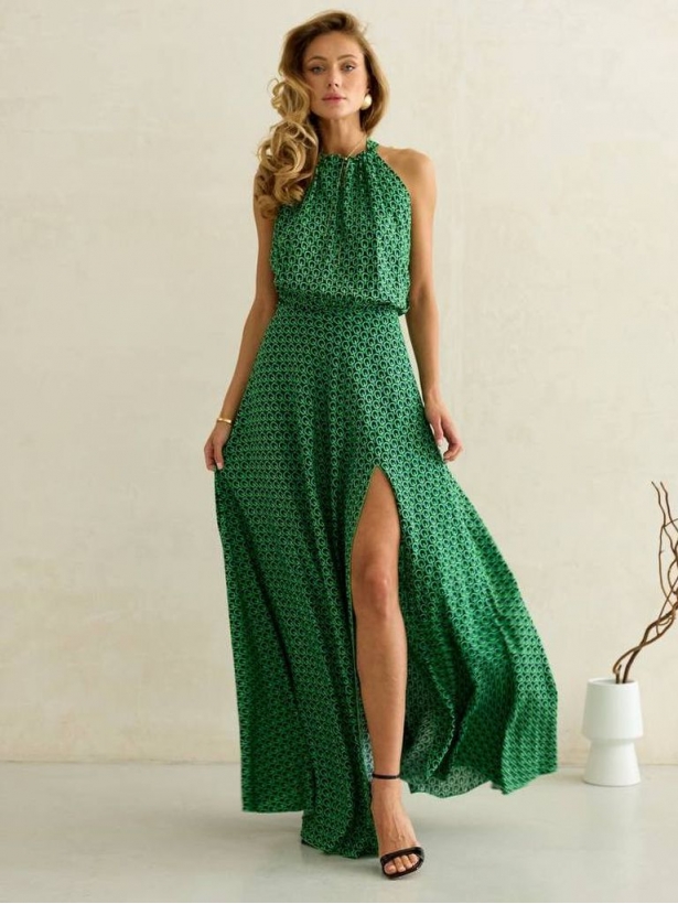 Зелена довга сукня з відкритою спиною з принтом