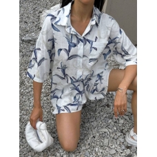 Blue leaves print cotton suit with shorts