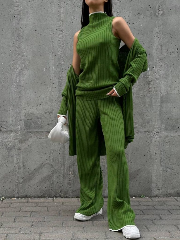 Three-piece ribbed luxury cardigan, top, trousers suit