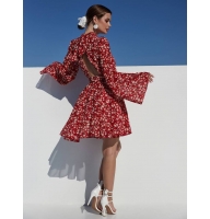 Red chiffon open back floral print dress