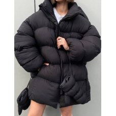 Black winter down jacket of medium length with mittens