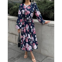 Blue chiffon midi dress in roses