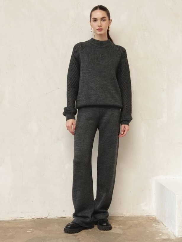 Knitted suit with straight pants and openwork sweater
