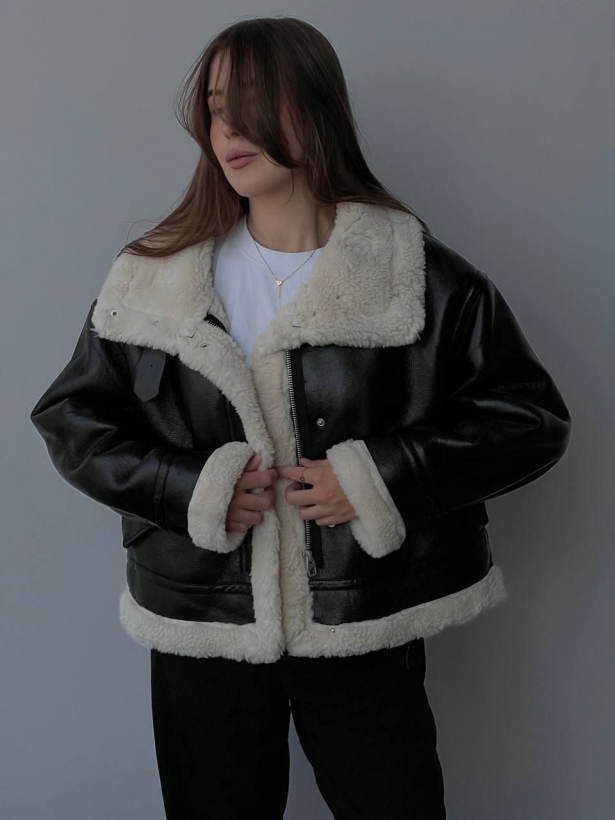 Winter black sheepskin coat with white fur