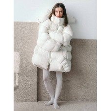 Mid-length ivory winter down jacket with mittens