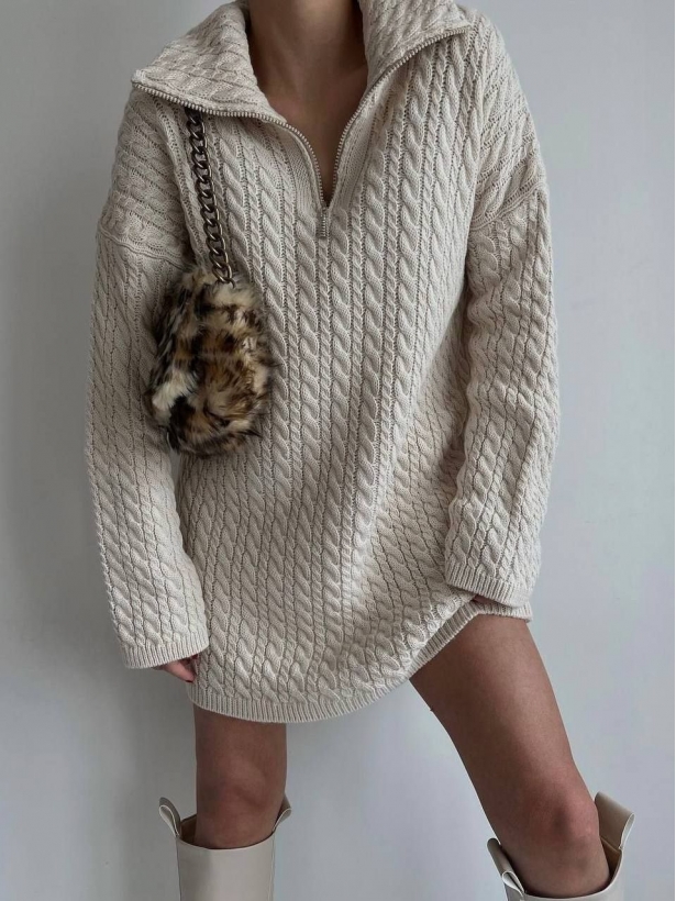 Long braided tunic sweater with zipper